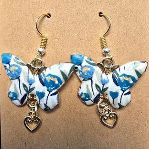 Hand Crafted Blue and White Butterfly Earrings with Gold Accents